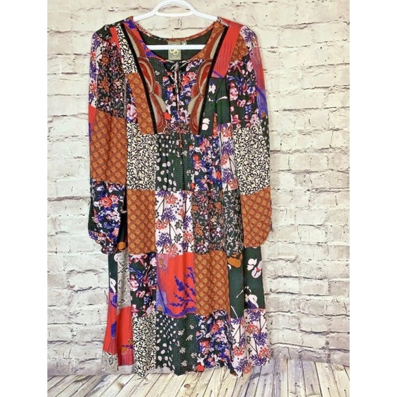 Sold - Anthropologie Dress One September Arcata Boho Patchwork Rayon - Picture 3 of 12